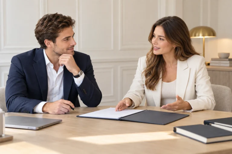 Illustrative young adult man and woman discussing a business plan