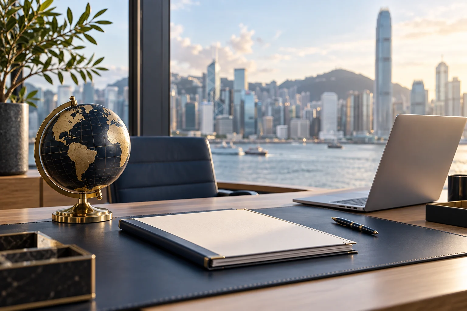 Globe and business documents on a desk overlooking a waterfront skyline