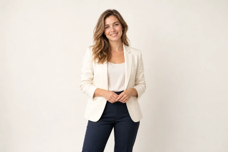 Illustrative solo European entrepreneur against a clean ivory studio background