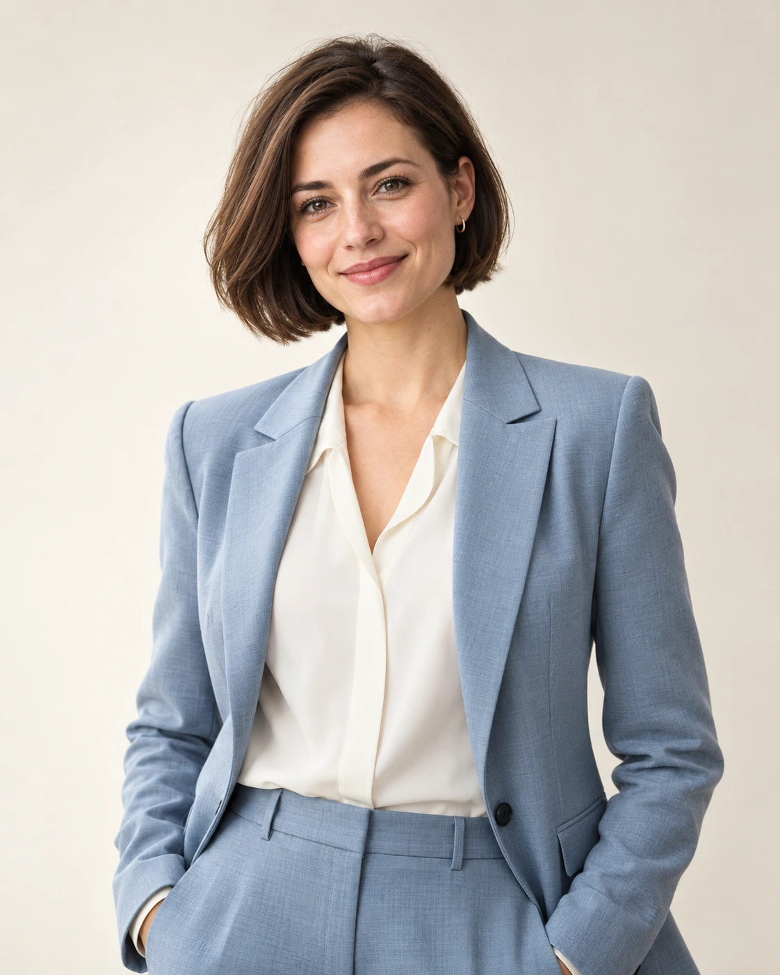 Illustrative European entrepreneur with a brunette bob and pale blue jacket